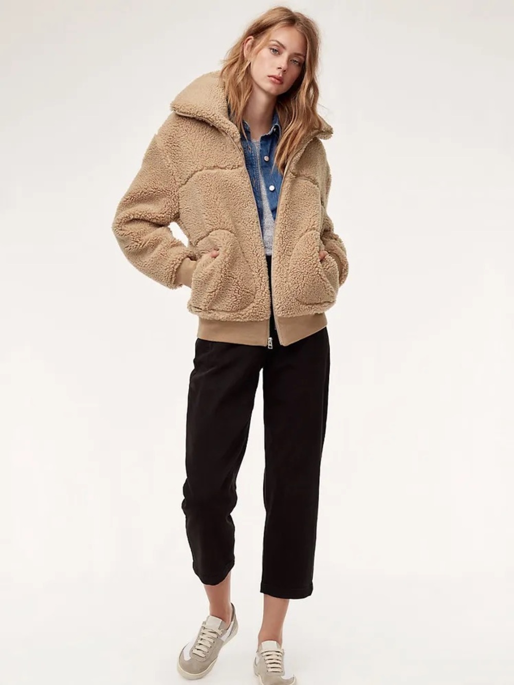 Wilfred Free (Aritzia) ‘The Teddy’ Faux Sherpa Bomber Jacket in Sanders